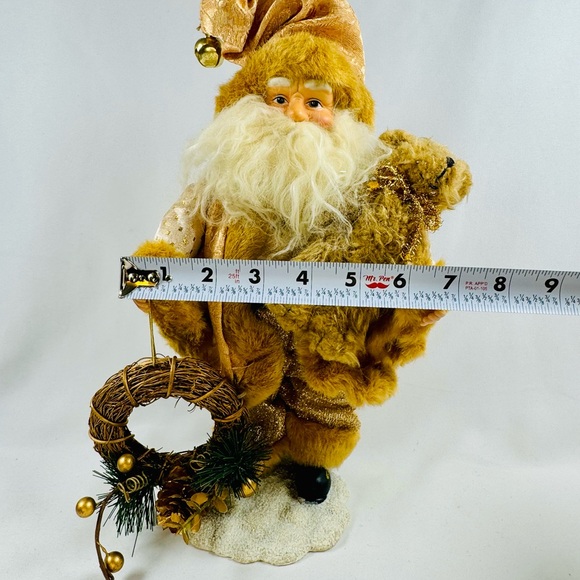Golden Santa Claus Standing 12 Inches With Teddy Bear & Wreath. Satin Jacquard - Picture 9 of 9